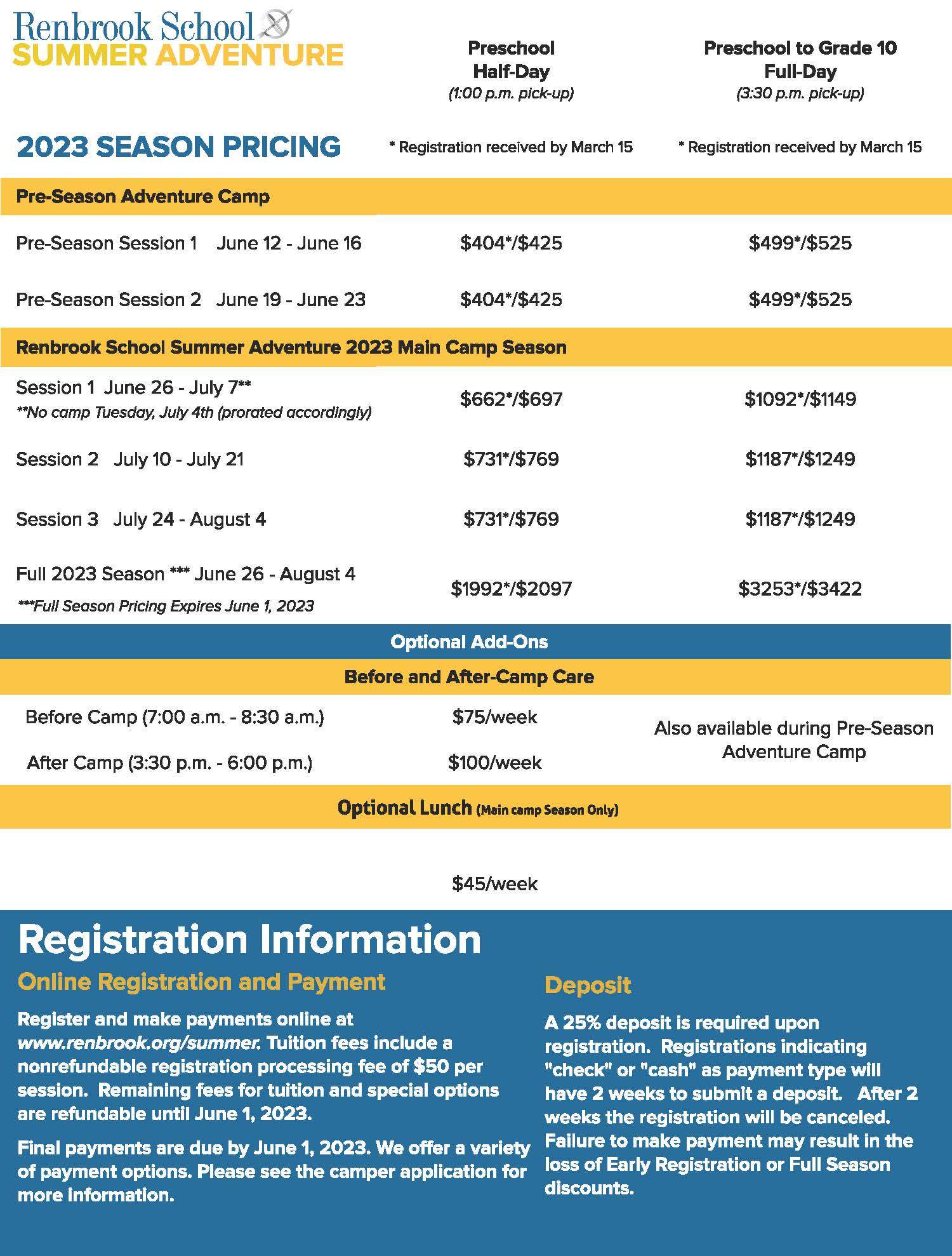 Summer Camp Dates & Rates 2023