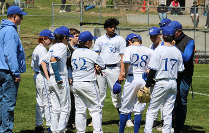 Baseball - Boys Varsity team talking with coach