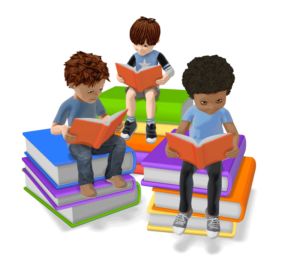 illustration of students sitting on stacks of books