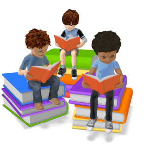 illustration of students sitting on stacks of books