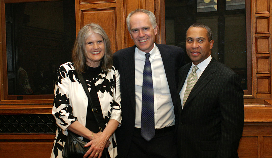 James Milkey ’71 with wife Cathie Martin and former Massachusetts Governor Deval Patrick at Justice Milkey’s swearing-in