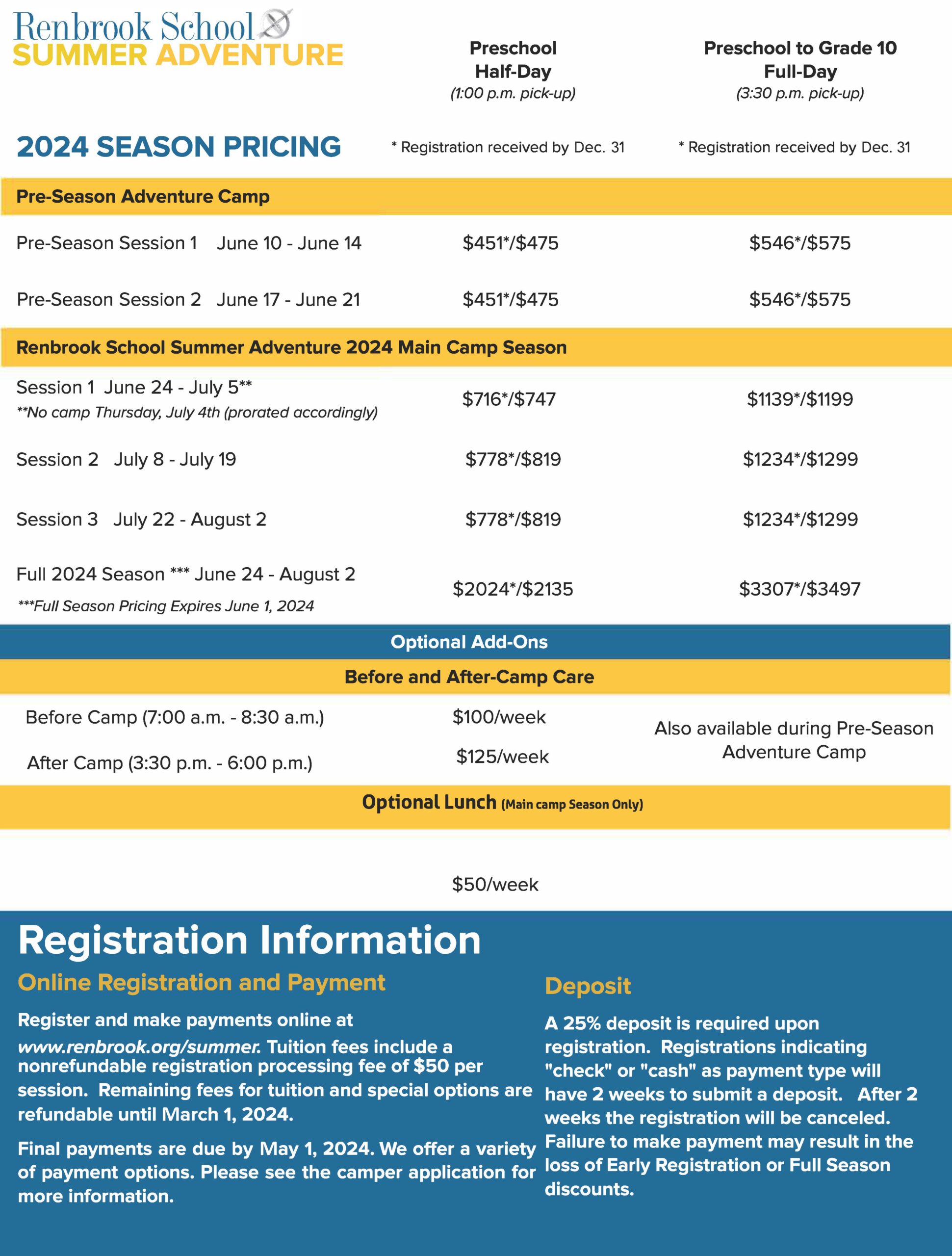 2024 Summer Camp Rates & Dates