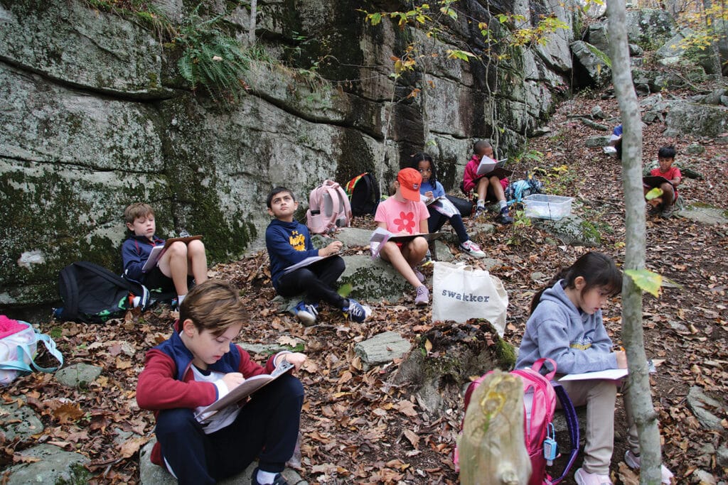 students engaged in reflective writing outdoors