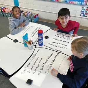 students practicing writing structure at wipe-off desks