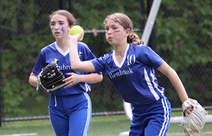 2 female softball players, one throwing ball