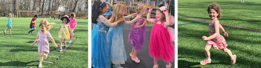 Group of pictures of children running, playing, and dancing during the Week of the Young Child